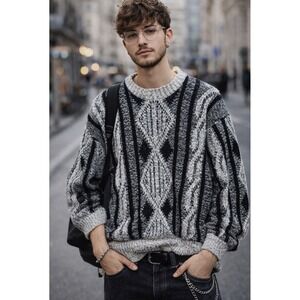 90s Vintage Method Mens 3D Chunky Cable Knit Sweater Size XL Cosby Geometric Y2K